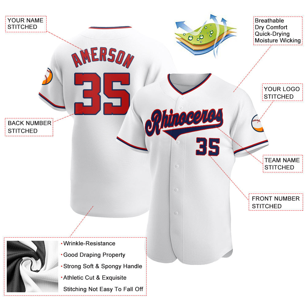 Custom White Red-Navy Authentic Baseball Jersey view 3