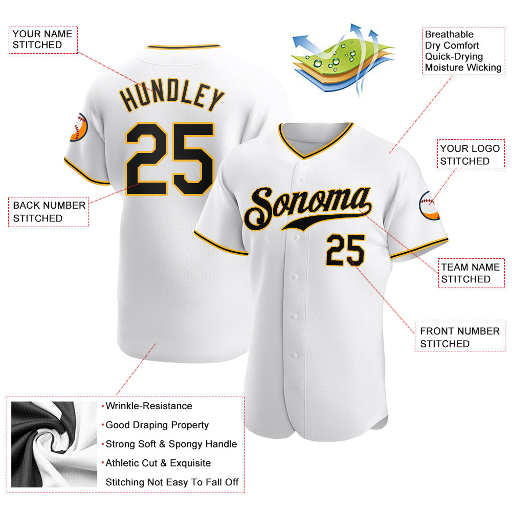 Custom White Black-Gold Authentic Baseball Jersey view 3