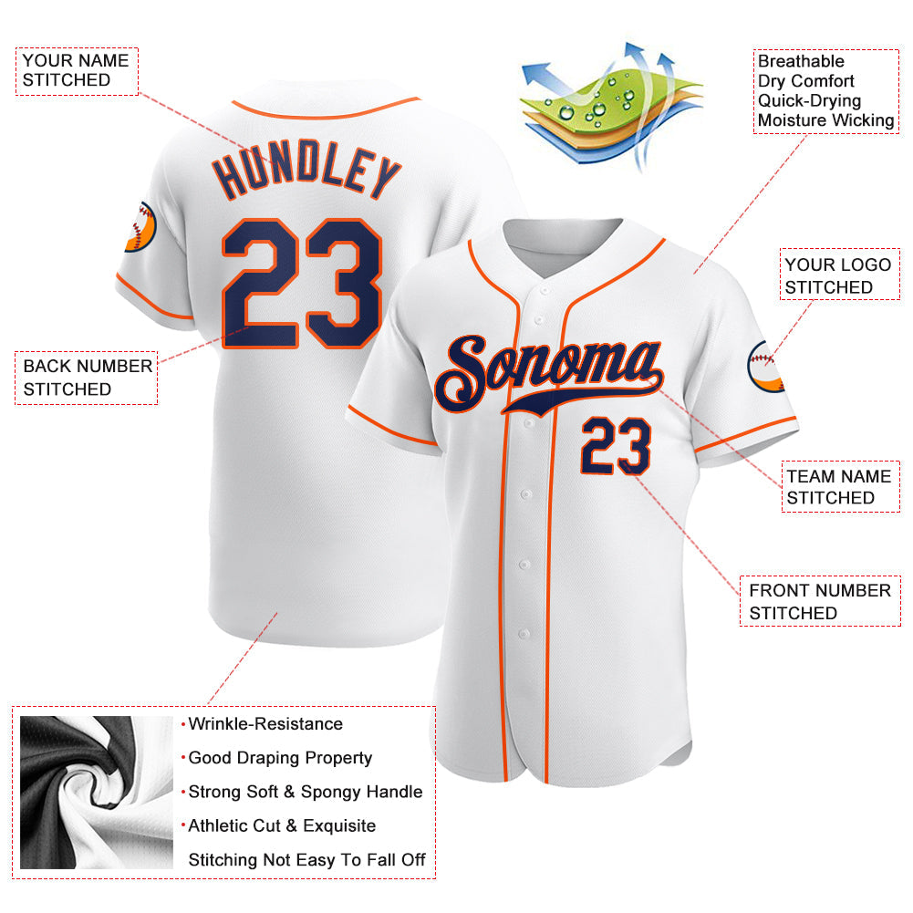 Custom White Navy-Orange Authentic Baseball Jersey view 3
