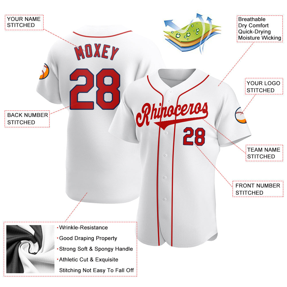 Custom White Red-Navy Authentic Baseball Jersey view 3
