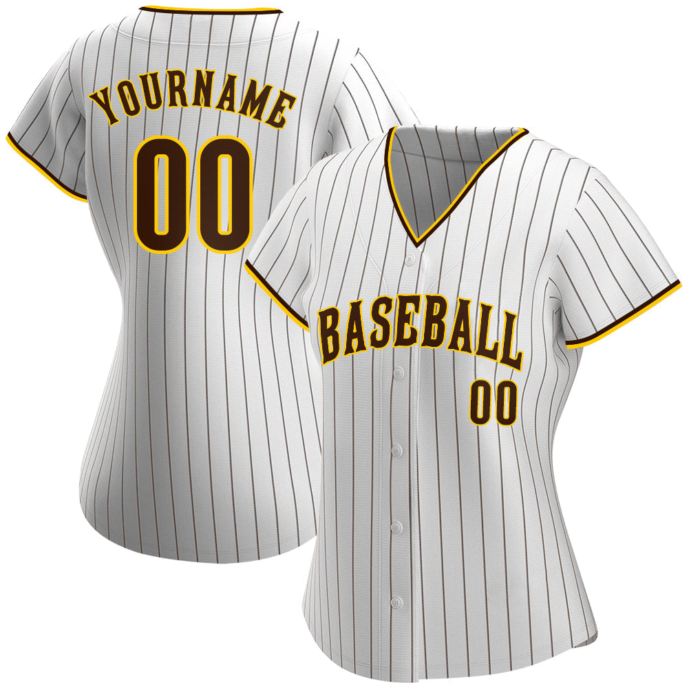 Custom White Brown Pinstripe Brown-Gold Authentic Baseball Jersey view 2