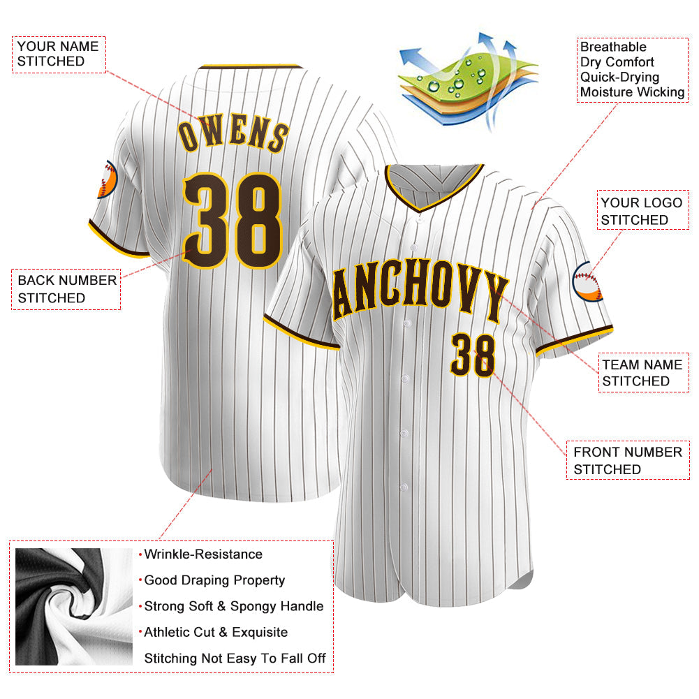 Custom White Brown Pinstripe Brown-Gold Authentic Baseball Jersey view 3
