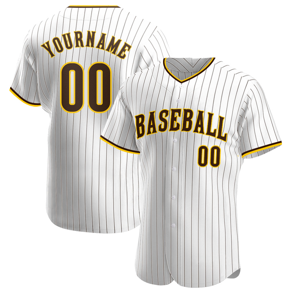 Custom White Brown Pinstripe Brown-Gold Authentic Baseball Jersey - Main View