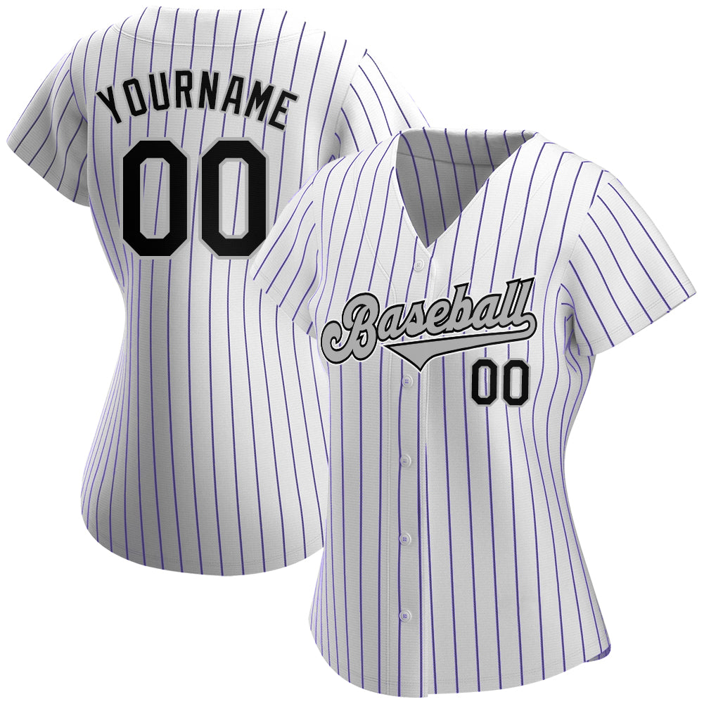 Custom White Purple Pinstripe Black-Gray Authentic Baseball Jersey view 2