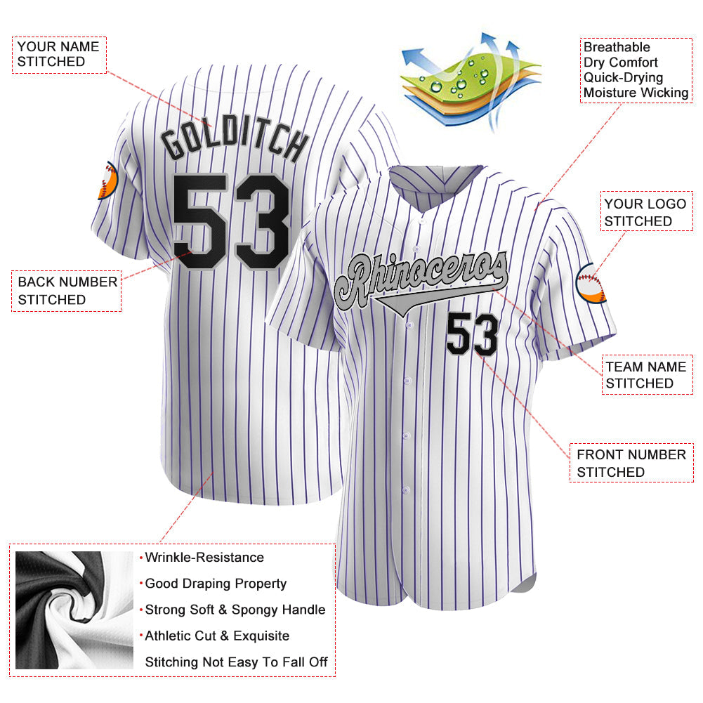 Custom White Purple Pinstripe Black-Gray Authentic Baseball Jersey view 3