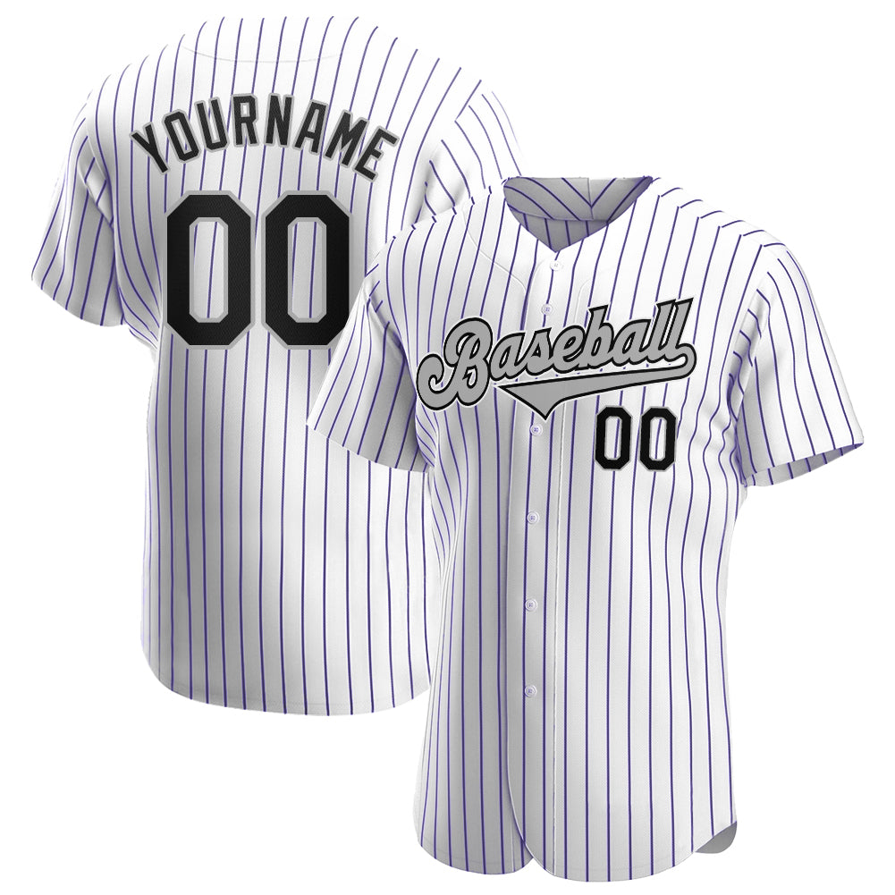 Custom White Purple Pinstripe Black-Gray Authentic Baseball Jersey - Main View
