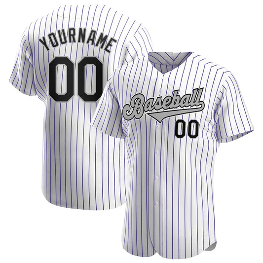 Custom White Purple Pinstripe Black-Gray Authentic Baseball Jersey - Main View