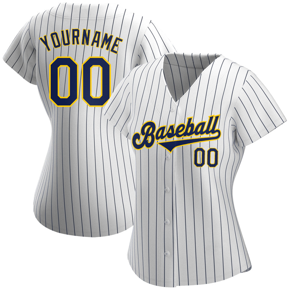 Custom White Navy Pinstripe Navy-Gold Authentic Baseball Jersey view 2