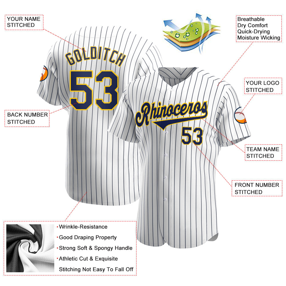 Custom White Navy Pinstripe Navy-Gold Authentic Baseball Jersey view 3