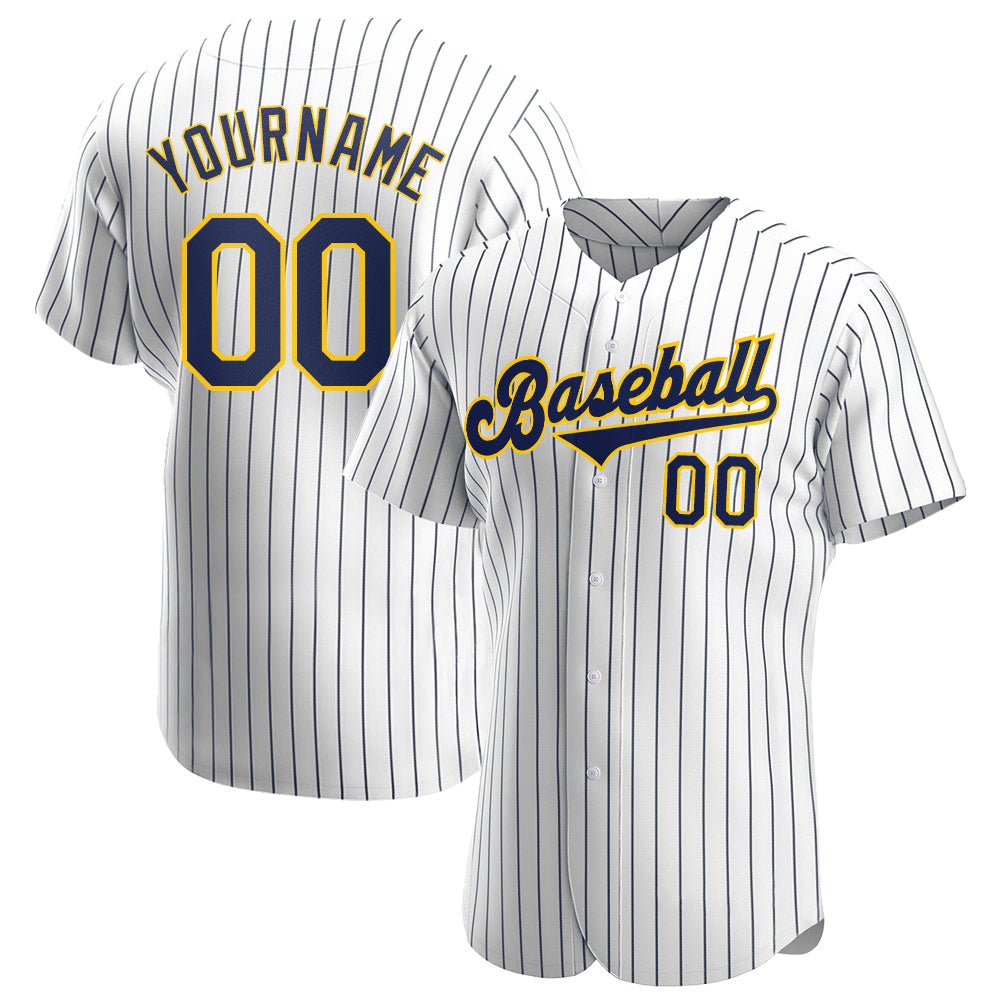 Custom White Navy Pinstripe Navy-Gold Authentic Baseball Jersey - Main View