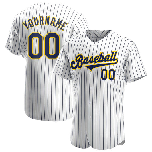 Custom White Navy Pinstripe Navy-Gold Authentic Baseball Jersey - Main View