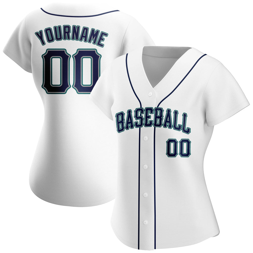 Custom White Navy-Teal Authentic Baseball Jersey view 2