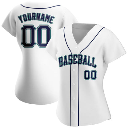 Custom White Navy-Teal Authentic Baseball Jersey view 2