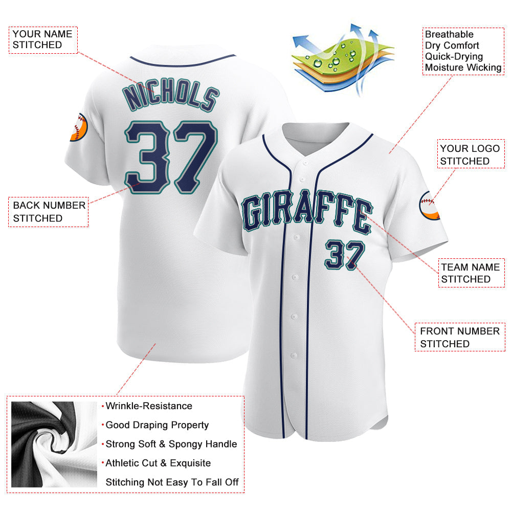 Custom White Navy-Teal Authentic Baseball Jersey view 3