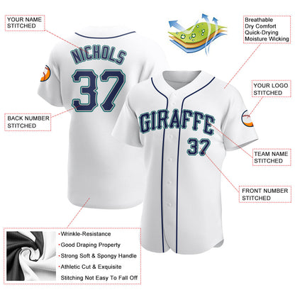Custom White Navy-Teal Authentic Baseball Jersey view 3