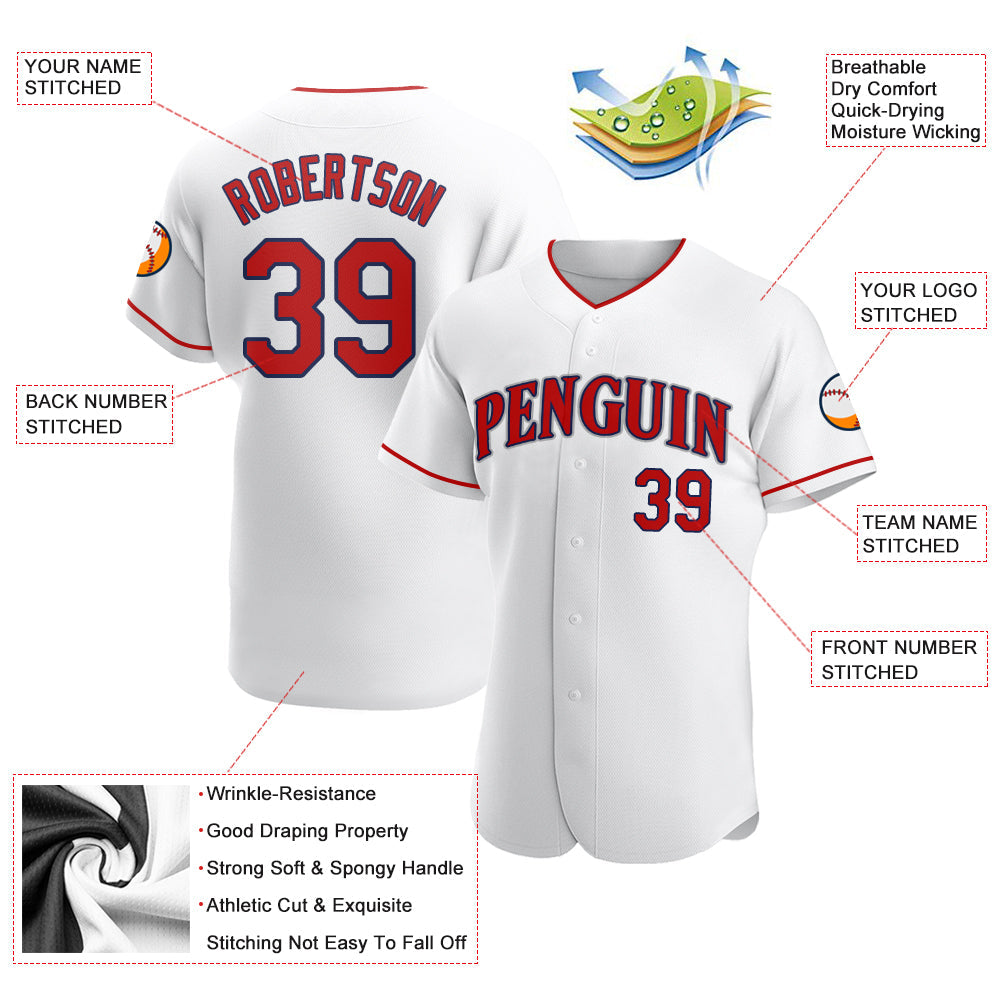 Custom White Red-Navy Authentic Baseball Jersey view 3