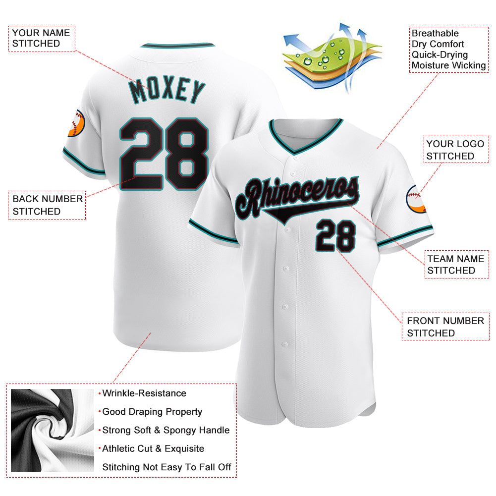 Custom White Black-Teal Authentic Baseball Jersey view 3