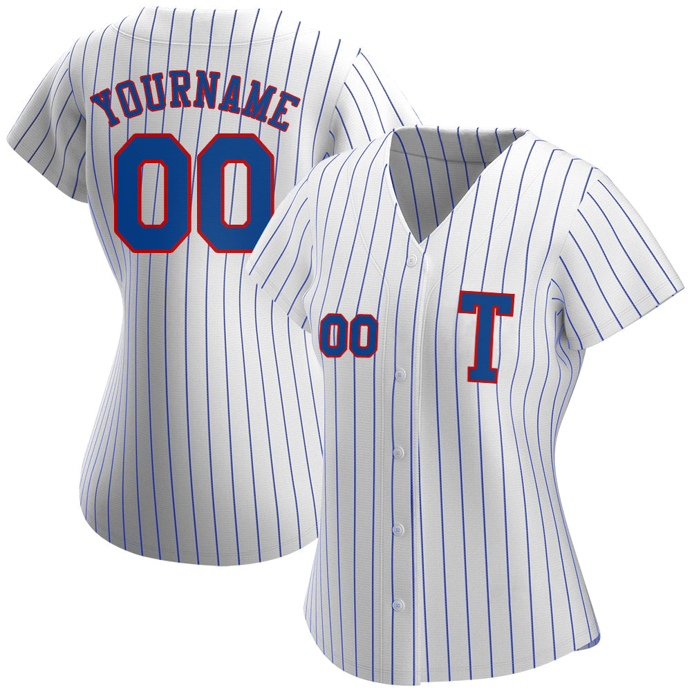 Custom White Royal Pinstripe Royal-Red Authentic Baseball Jersey view 2