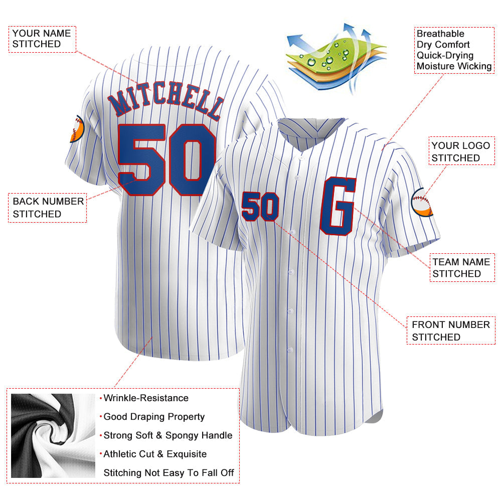Custom White Royal Pinstripe Royal-Red Authentic Baseball Jersey view 3