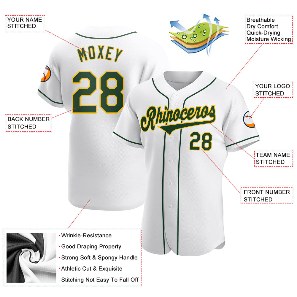 Custom White Green-Gold Authentic Baseball Jersey view 3