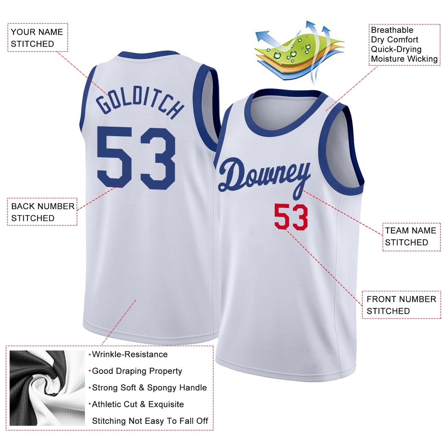 Custom White Royal-Red Round Neck Rib-Knit Basketball Jersey view 2