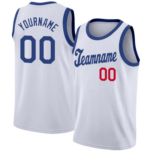 Custom White Royal-Red Round Neck Rib-Knit Basketball Jersey - Main View