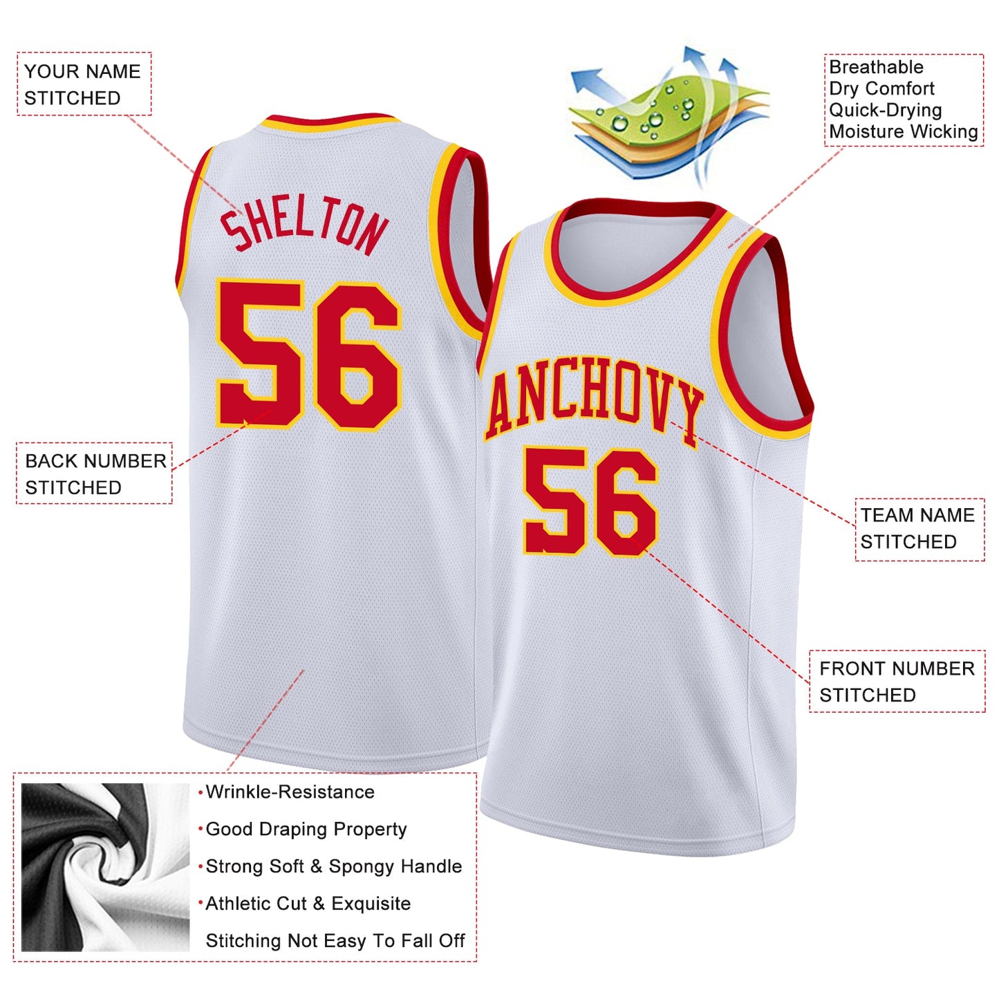 Custom White Red-Gold Round Neck Rib-Knit Basketball Jersey view 2