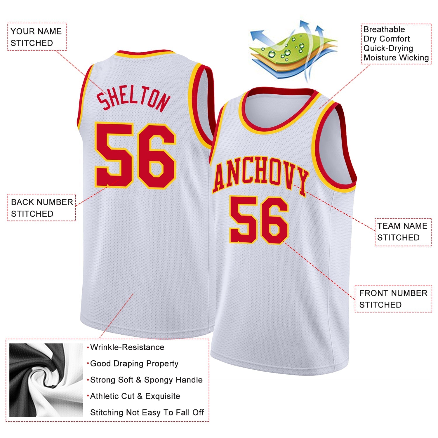 Custom White Red-Gold Round Neck Rib-Knit Basketball Jersey view 2