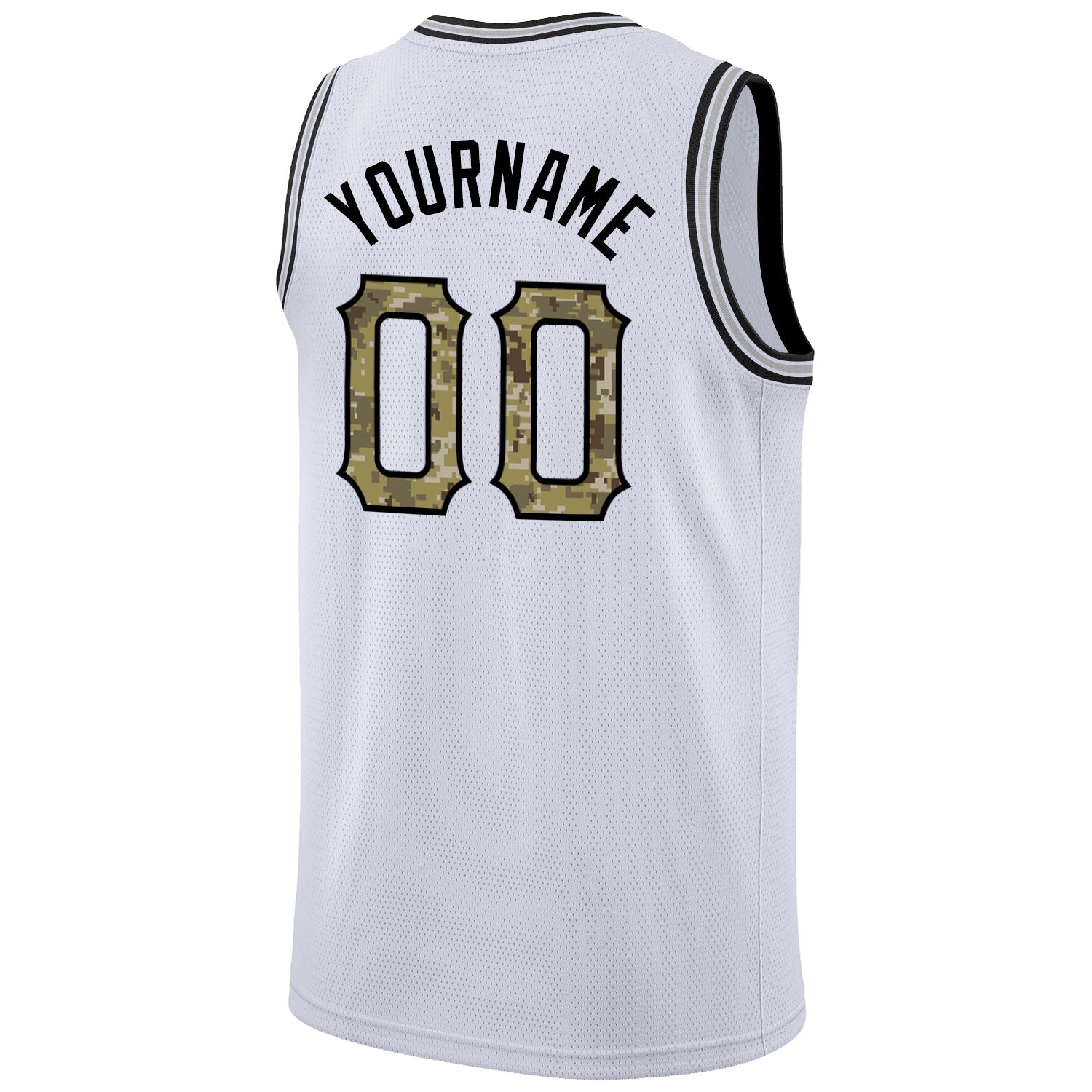 Custom White Camo-Black Round Neck Rib-Knit Basketball Jersey view 6