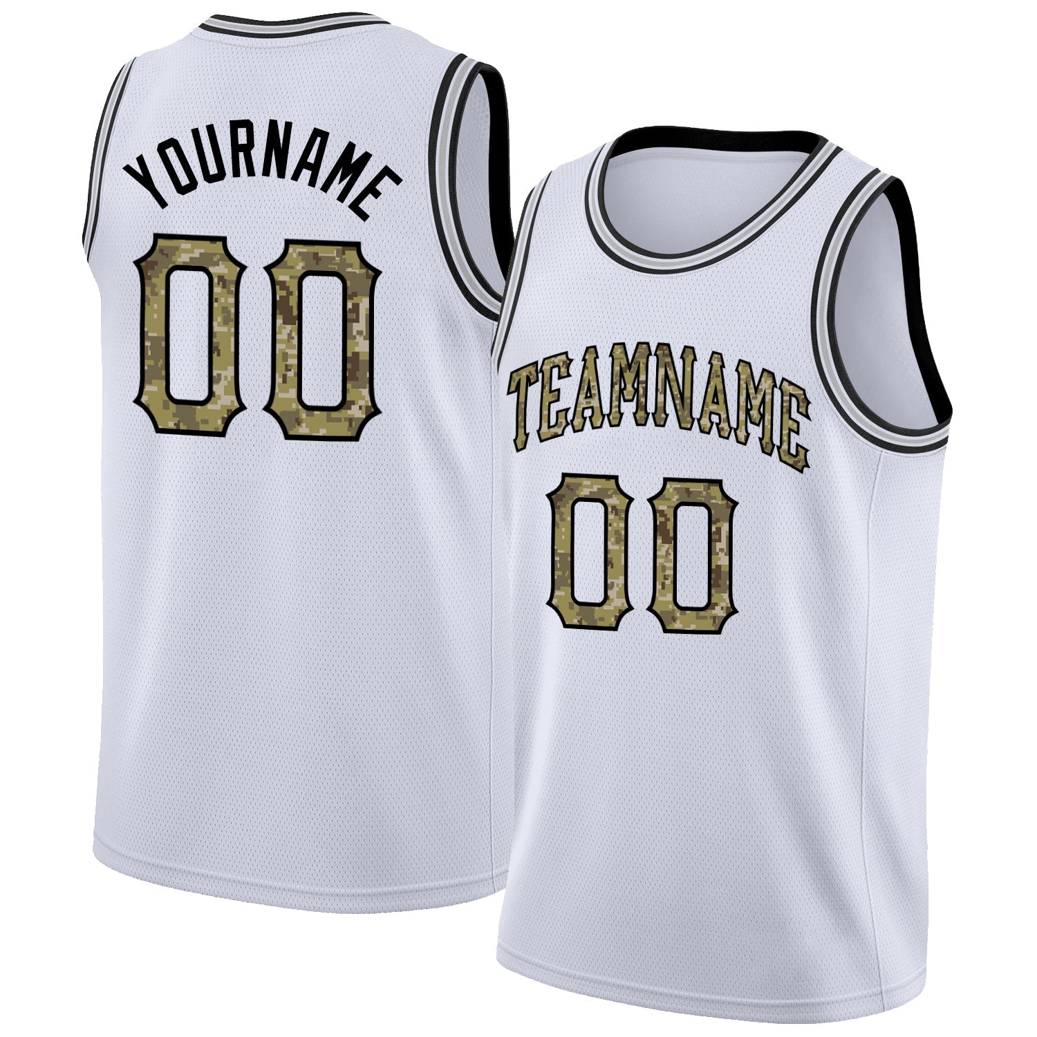 Custom White Camo-Black Round Neck Rib-Knit Basketball Jersey - Main View
