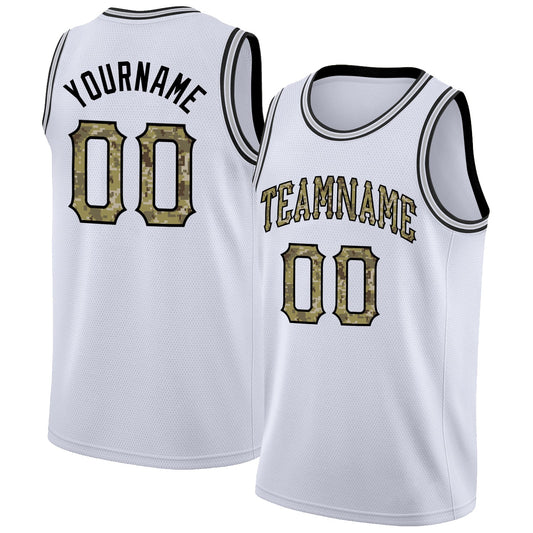 Custom White Camo-Black Round Neck Rib-Knit Basketball Jersey - Main View