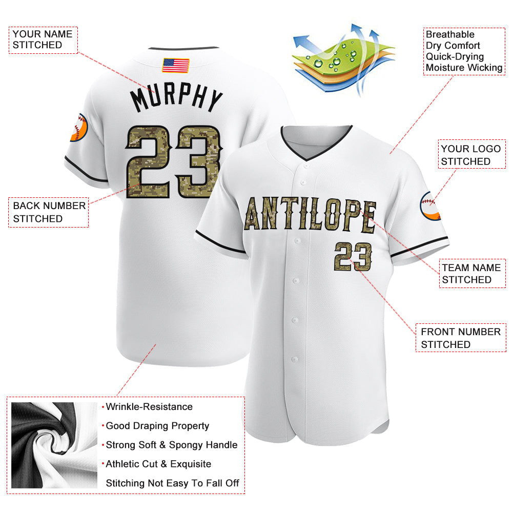 Custom White Camo-Black Authentic American Flag Fashion Baseball Jersey view 4