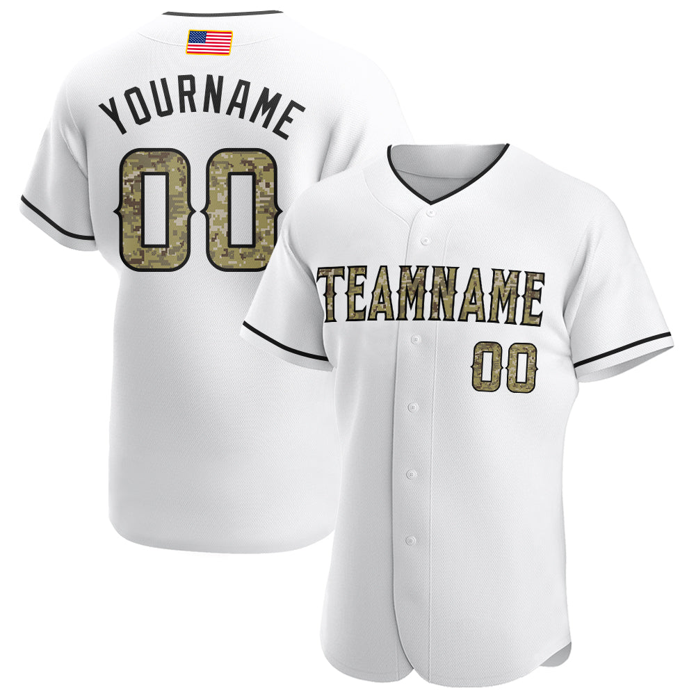 Custom White Camo-Black Authentic American Flag Fashion Baseball Jersey - Main View