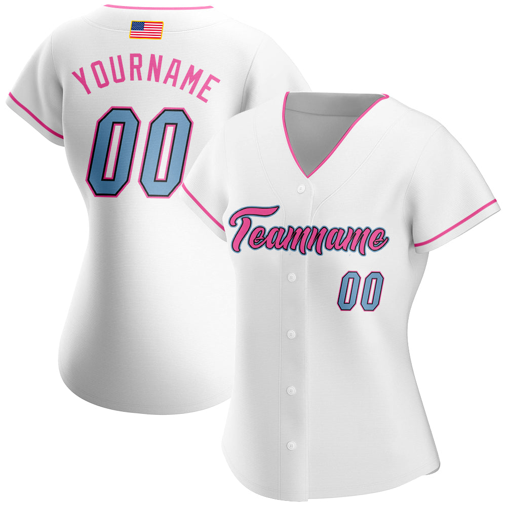 Custom White Light Blue-Pink Authentic American Flag Fashion Baseball Jersey view 2