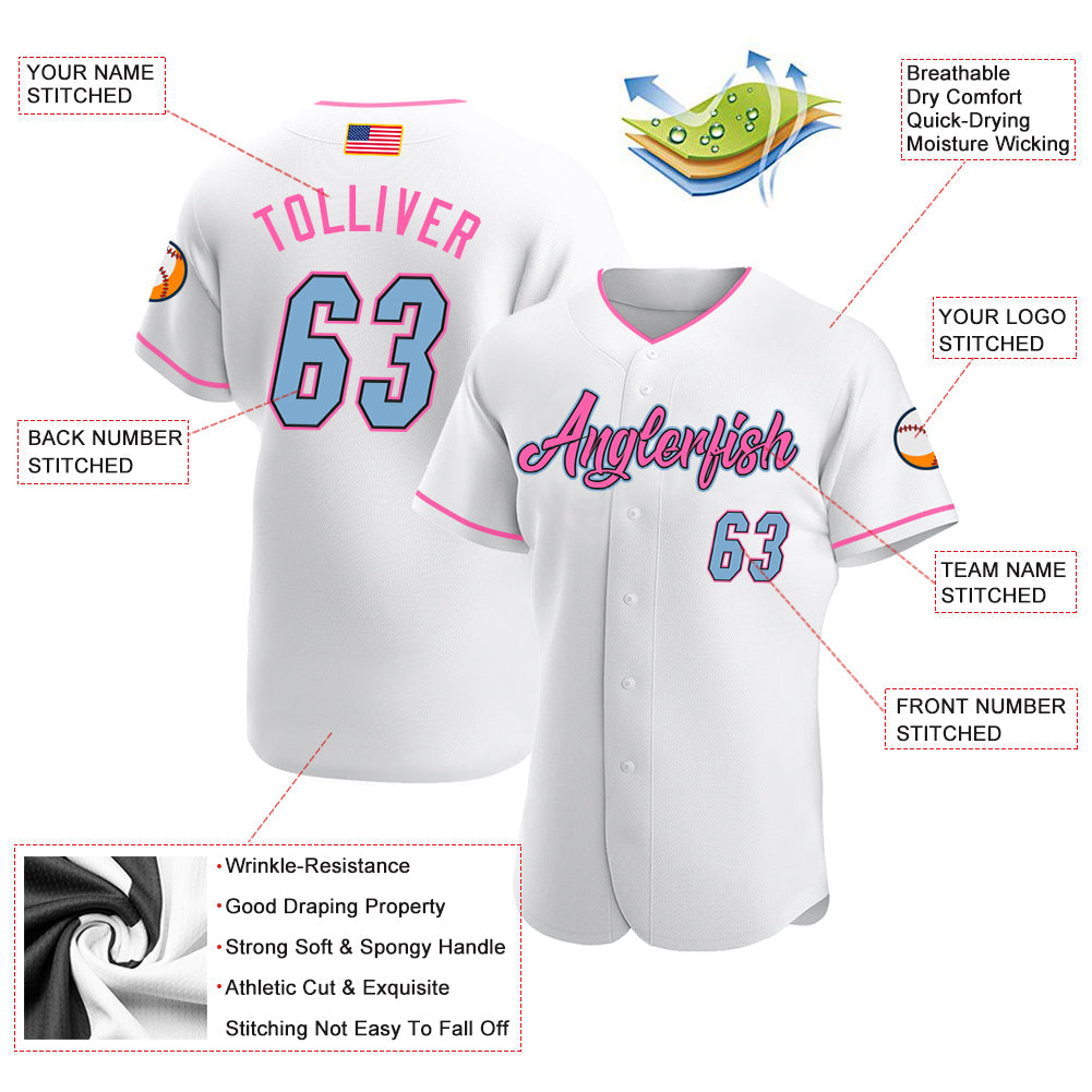 Custom White Light Blue-Pink Authentic American Flag Fashion Baseball Jersey view 3