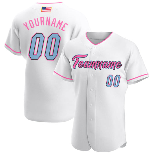 Custom White Light Blue-Pink Authentic American Flag Fashion Baseball Jersey - Main View
