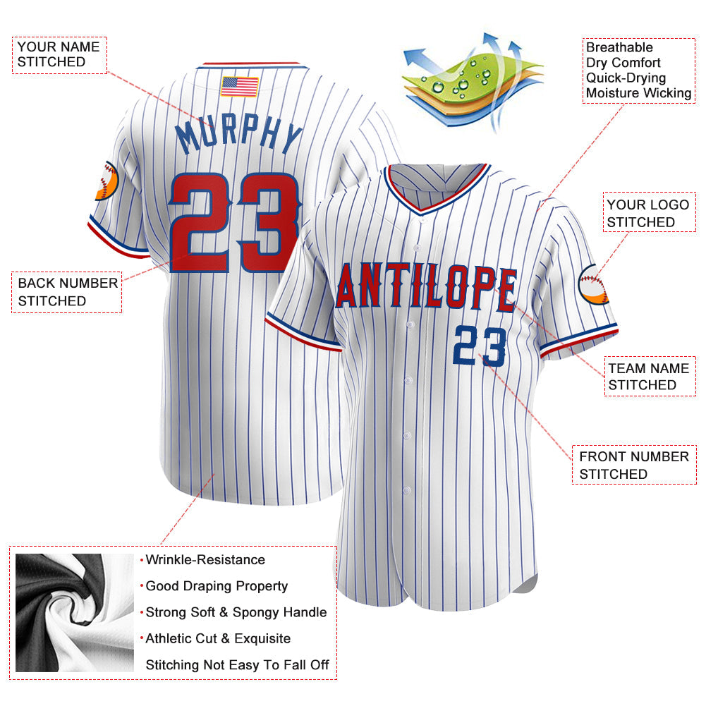 Custom White Royal Pinstripe Red-Royal Authentic American Flag Fashion Baseball Jersey view 3