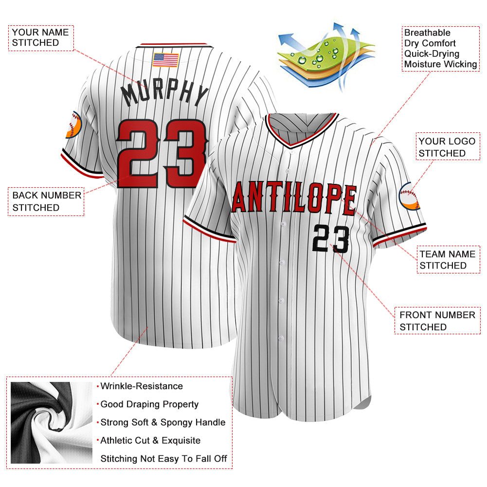 Custom White Black Pinstripe Red-Black Authentic American Flag Fashion Baseball Jersey view 3