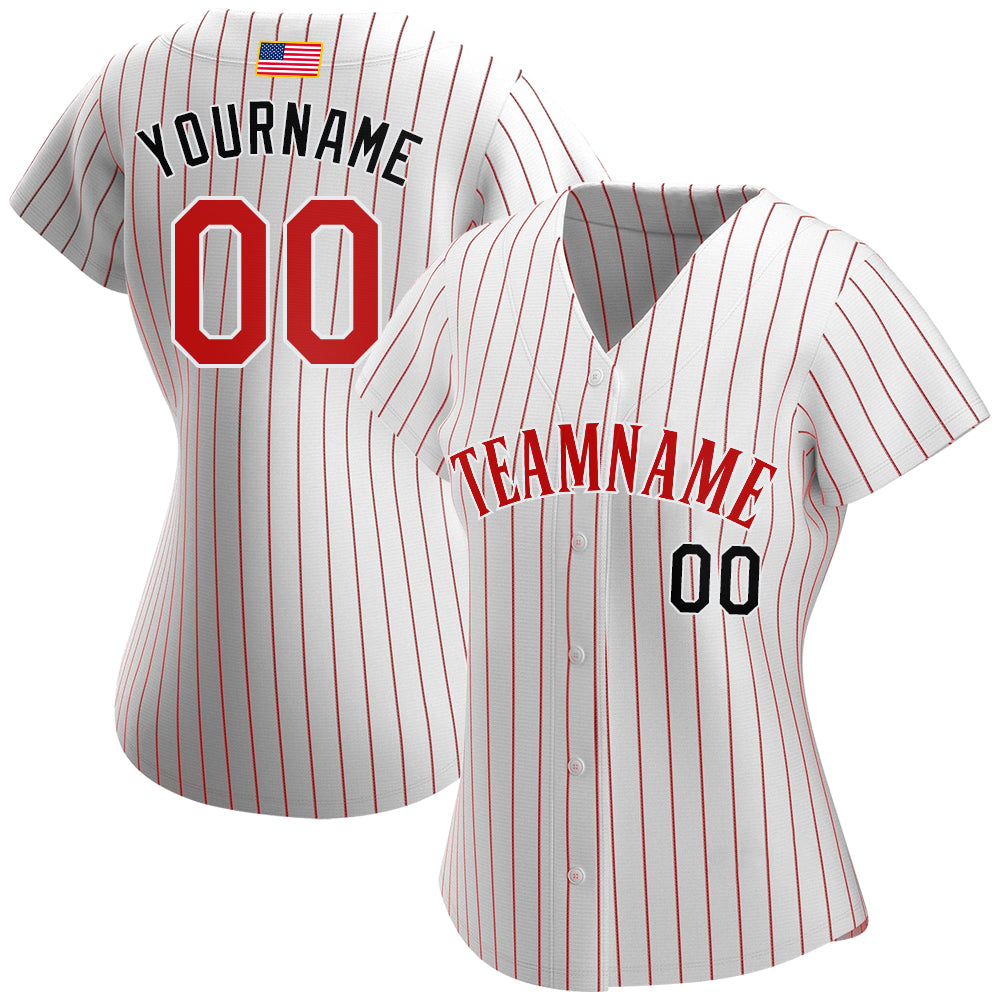 Custom White Red Pinstripe Red-Black Authentic American Flag Fashion Baseball Jersey view 2