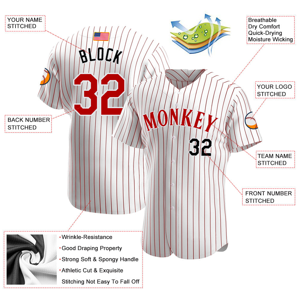 Custom White Red Pinstripe Red-Black Authentic American Flag Fashion Baseball Jersey view 3