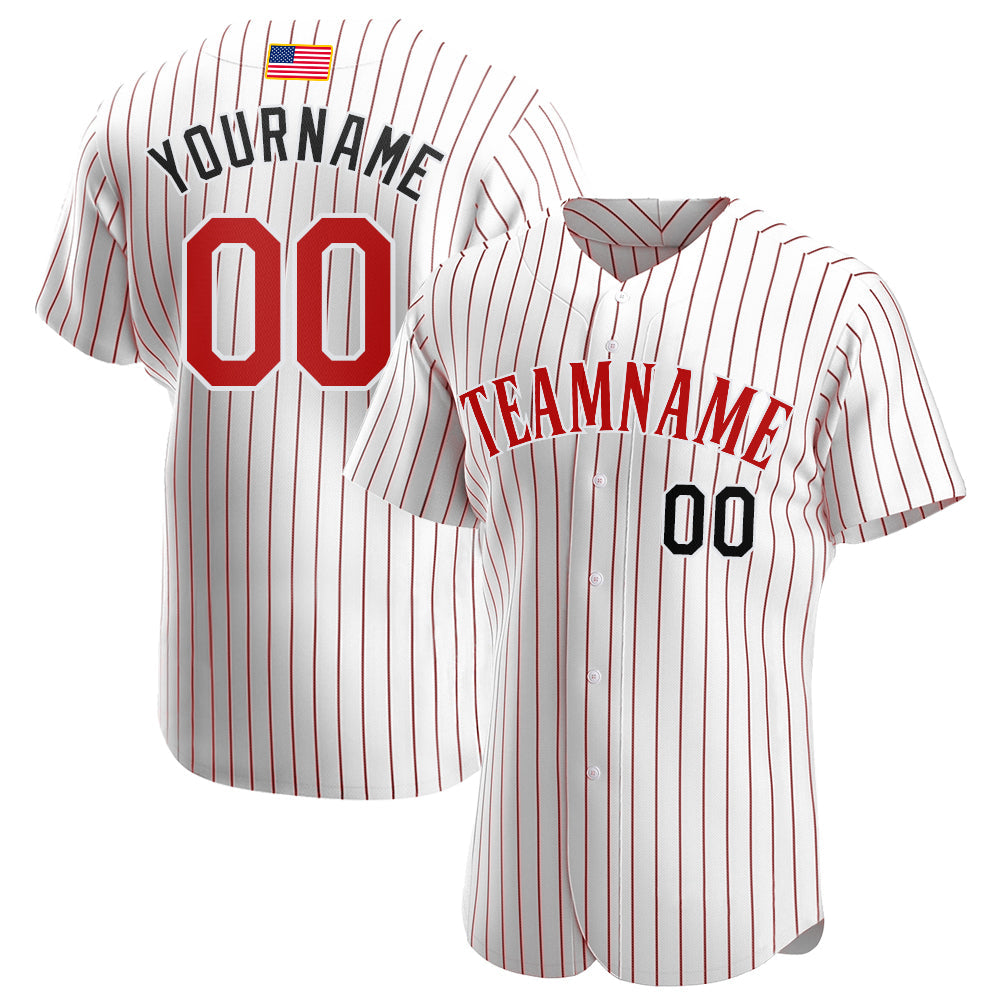 Custom White Red Pinstripe Red-Black Authentic American Flag Fashion Baseball Jersey - Main View