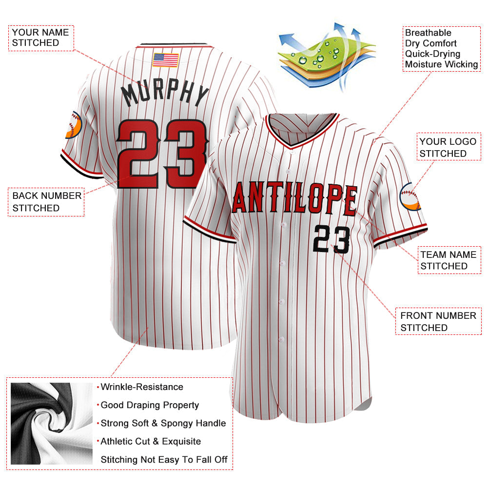 Custom White Red Pinstripe Red-Black Authentic American Flag Fashion Baseball Jersey view 3