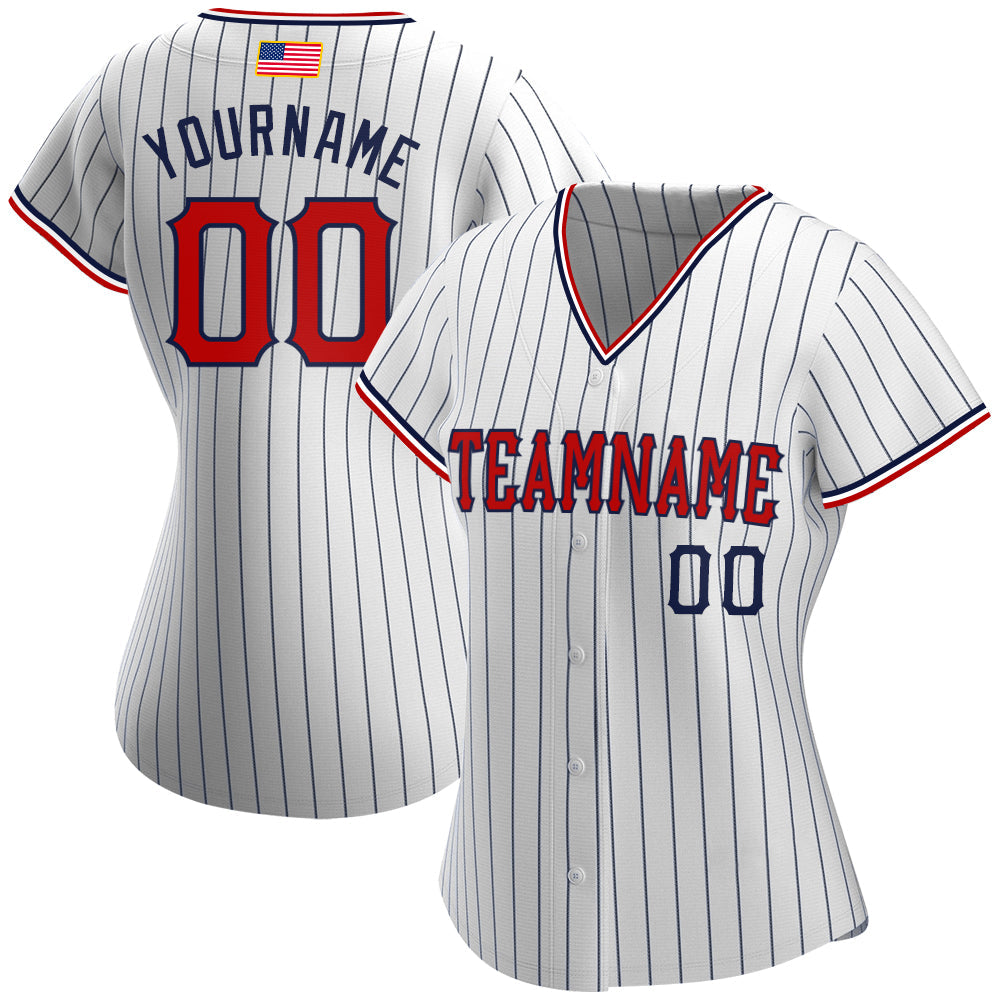 Custom White Navy Pinstripe Red-Navy Authentic American Flag Fashion Baseball Jersey view 2