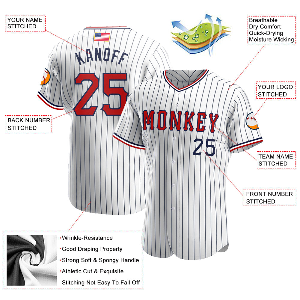 Custom White Navy Pinstripe Red-Navy Authentic American Flag Fashion Baseball Jersey view 3