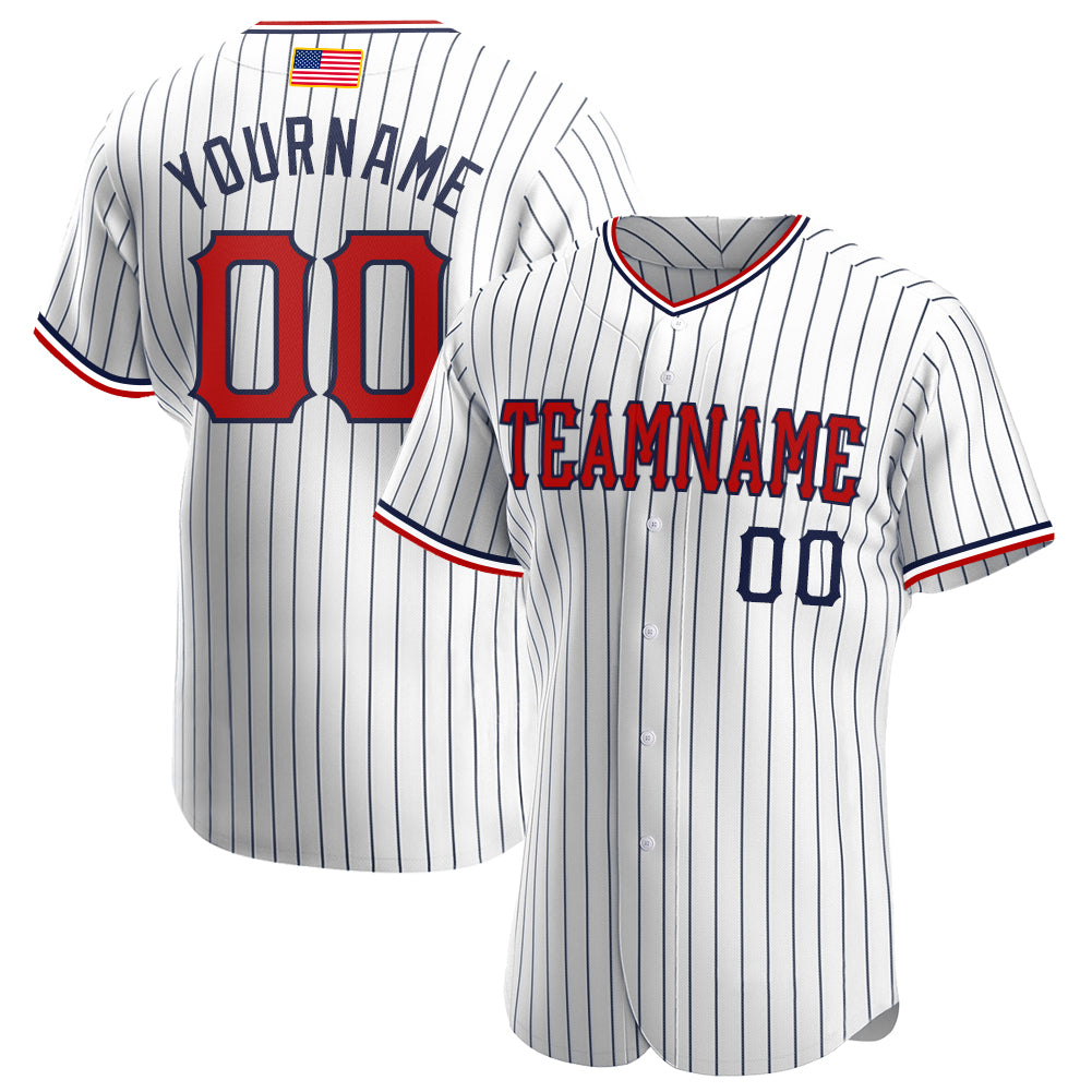 Custom White Navy Pinstripe Red-Navy Authentic American Flag Fashion Baseball Jersey - Main View