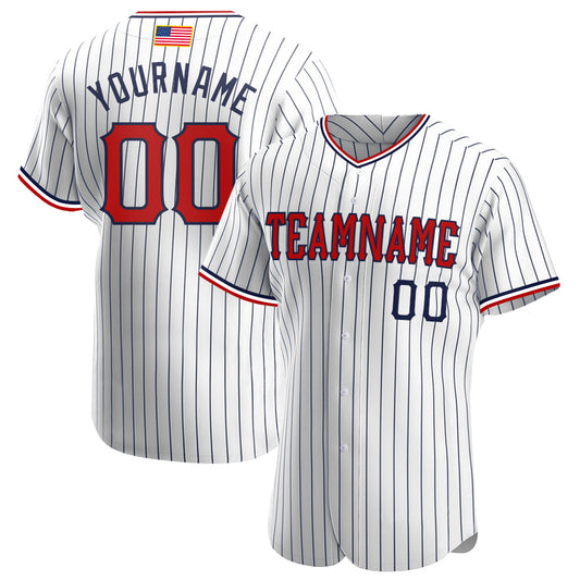 Custom White Navy Pinstripe Red-Navy Authentic American Flag Fashion Baseball Jersey - Main View