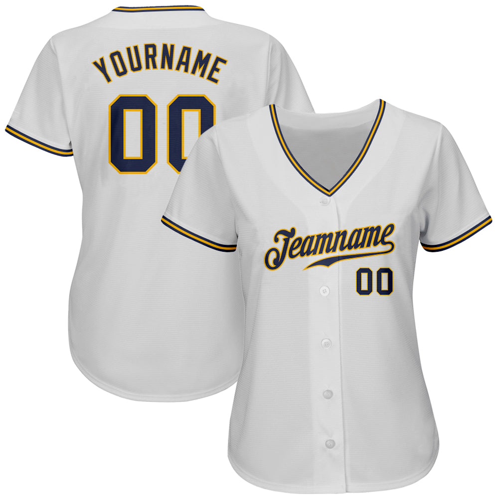 Custom White Navy-Gold Authentic Baseball Jersey view 2