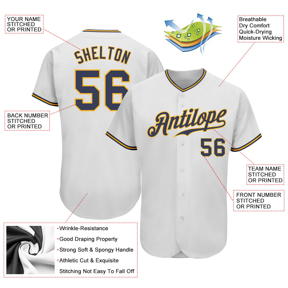 Custom White Navy-Gold Authentic Baseball Jersey view 3