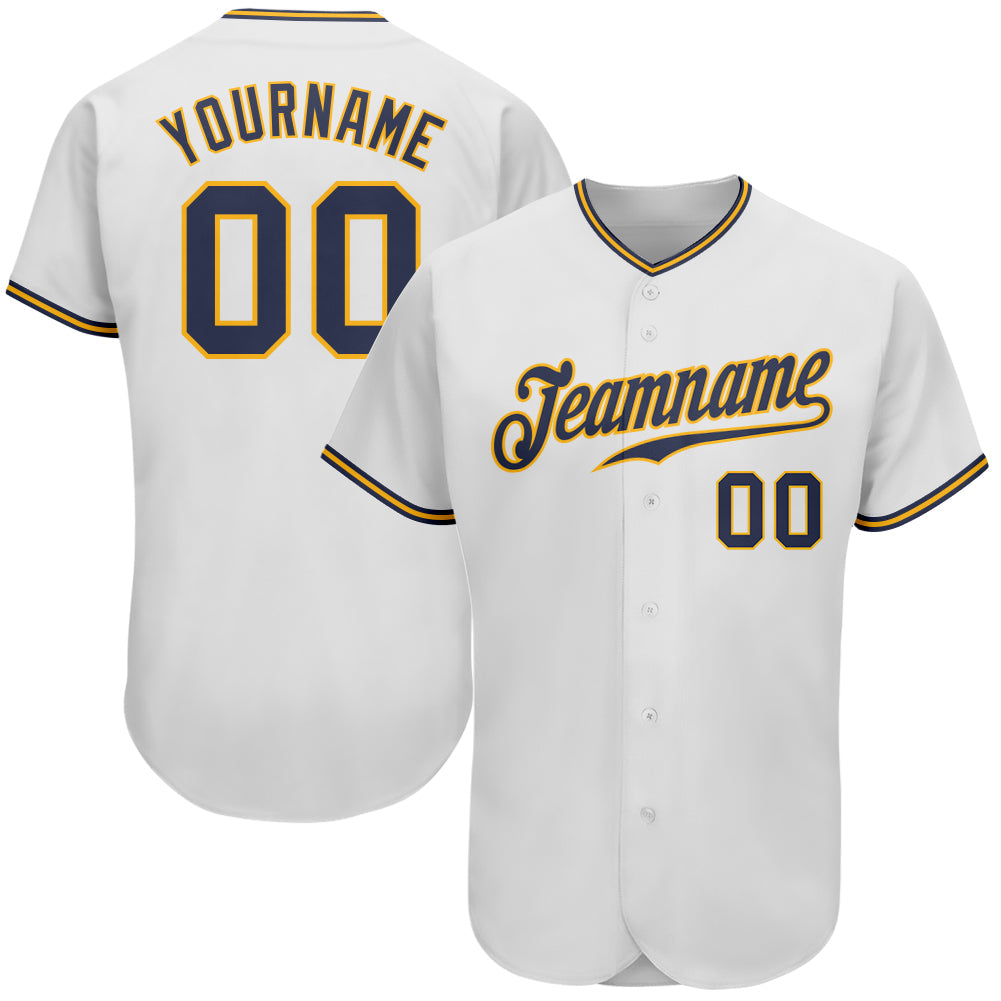 Custom White Navy-Gold Authentic Baseball Jersey - Main View
