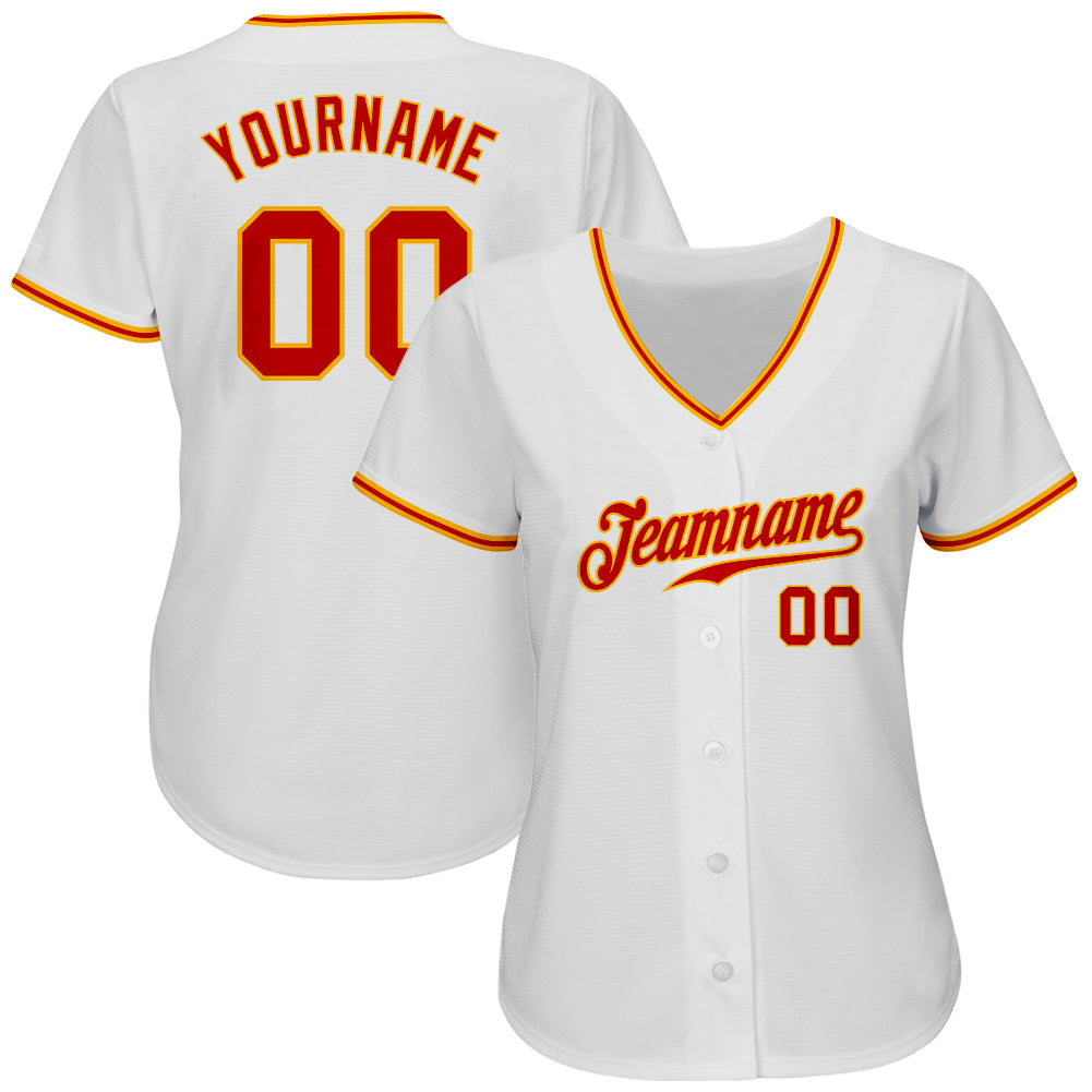 Custom White Red-Gold Authentic Baseball Jersey view 2